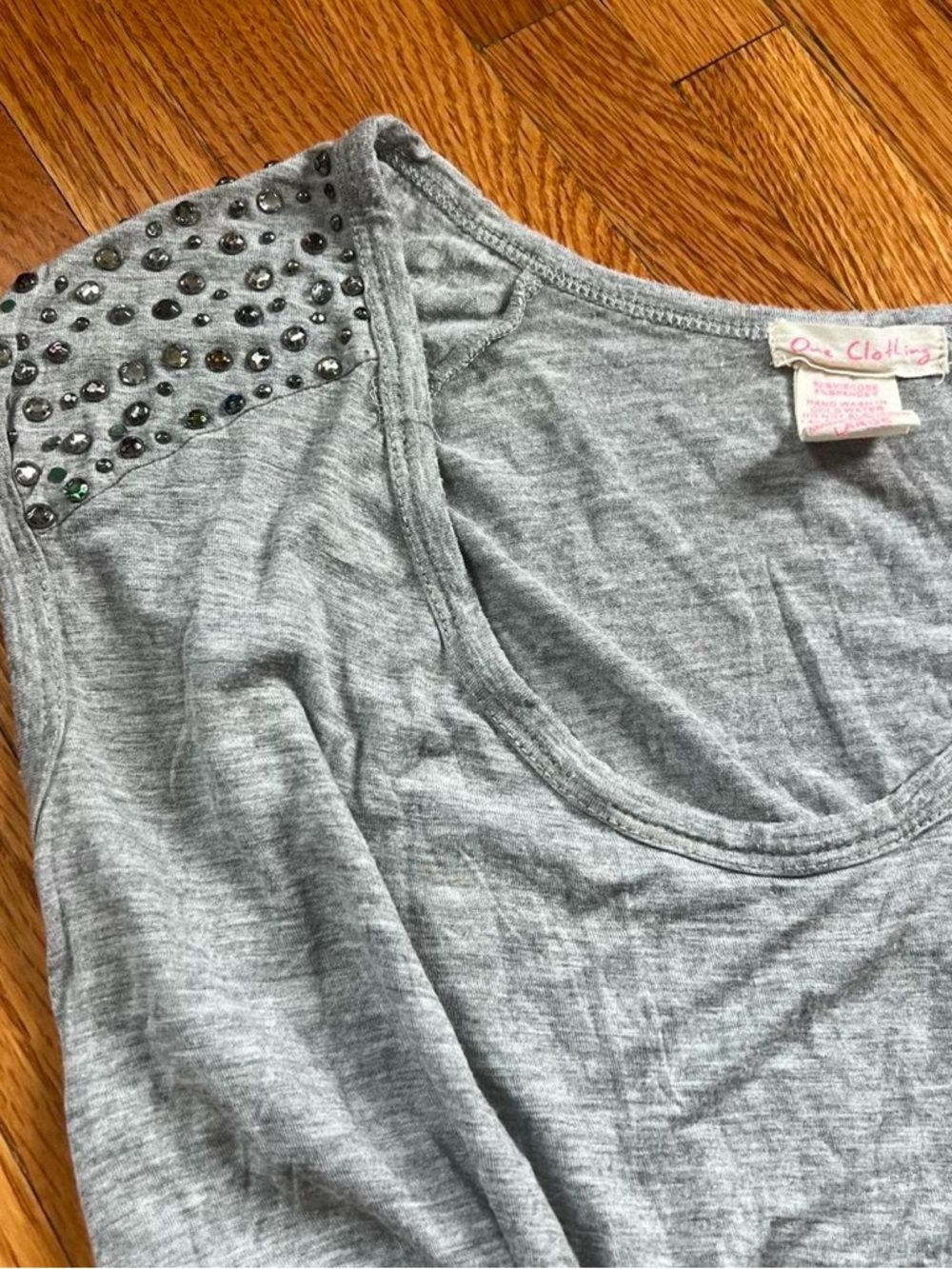 Y2K Embellished Grey Studded Shoulder Tank Top - One Clothing